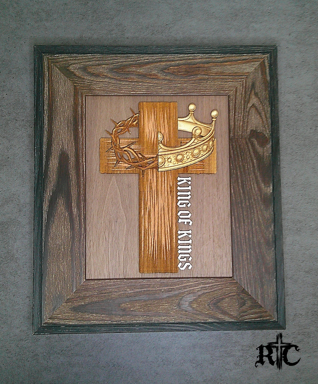 Wooden cross with crowns and 'King of Kings' inscription frame for wall decor