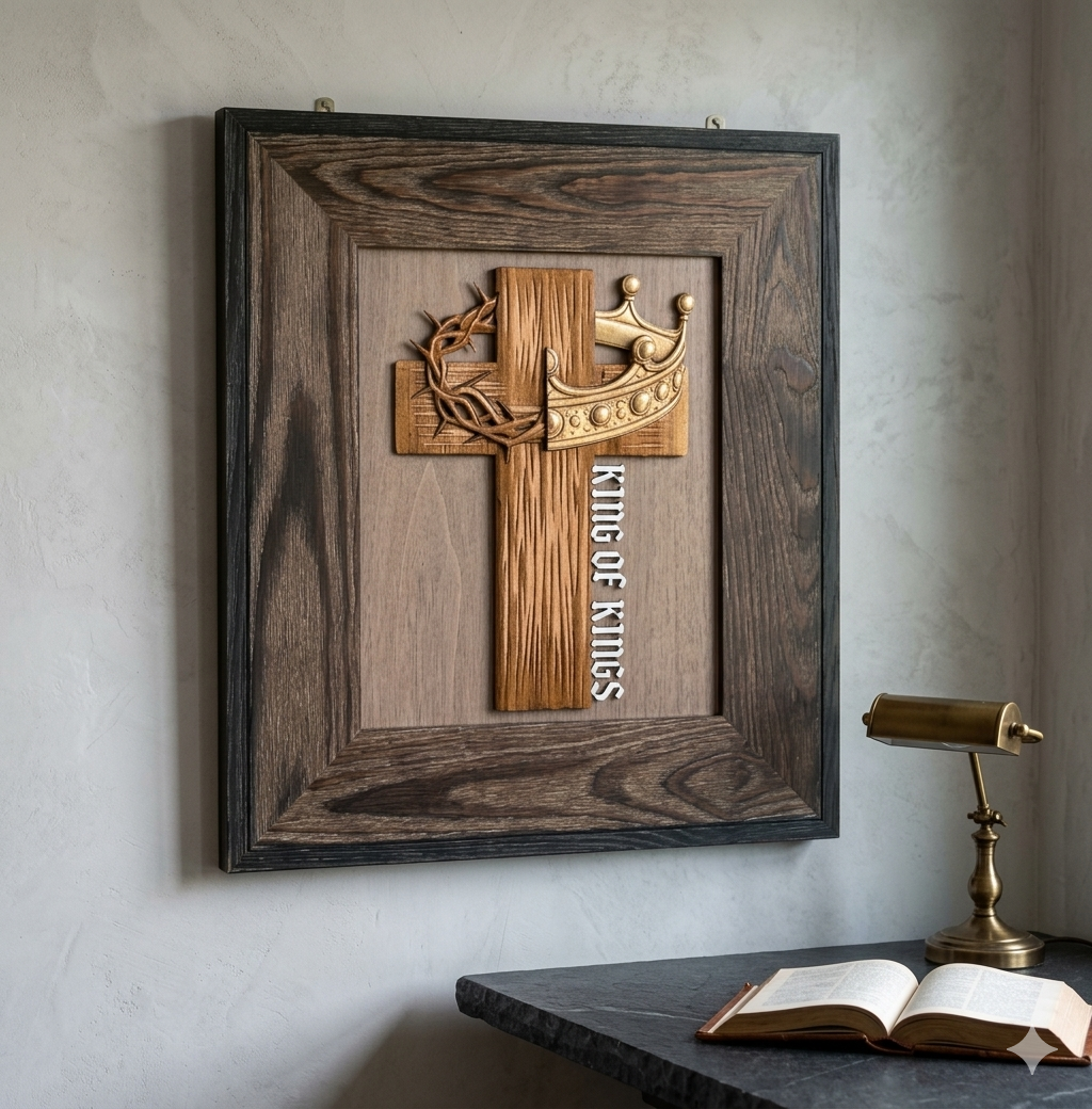 Wooden cross with crowns and 'King of Kings' inscription frame for wall decor